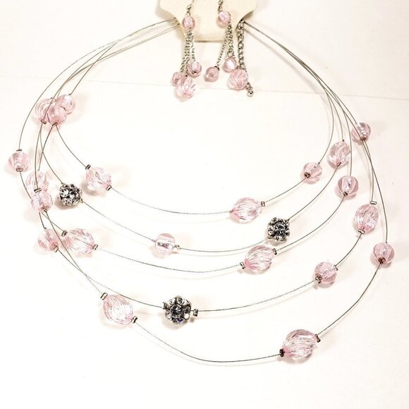 Elegant Light Pink Beaded Illusion Necklace Set – Silver-Tone Matching Earrings - Picture 3 of 9